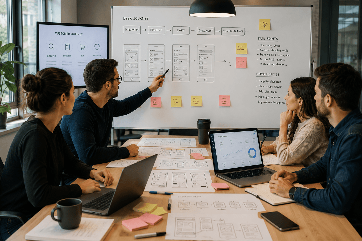 Ομάδα ειδικών UX και eCommerce αναλύει wireframes και customer journeys σε σύγχρονο επαγγελματικό περιβάλλον